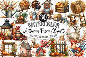 Watercolor Autumn Farm Clipart, an Illustration by Designking