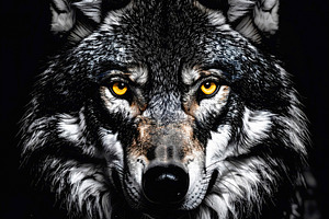 Intense wolf portrait with piercing golden eyes against darkness, an Animal Photo by GoodGoods