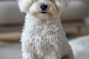 A fluffy white dog with curly fur sits gracefully on a woven mat, exuding charm, an Animal Photo by ImageMir