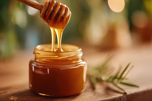 Golden honey drizzling into jar, a Food & Drink Photo by AlyaAnd
