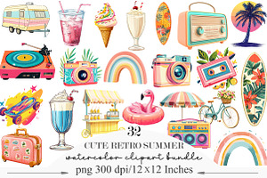 Cute Retro Summer Clipart, an Illustration by Designking