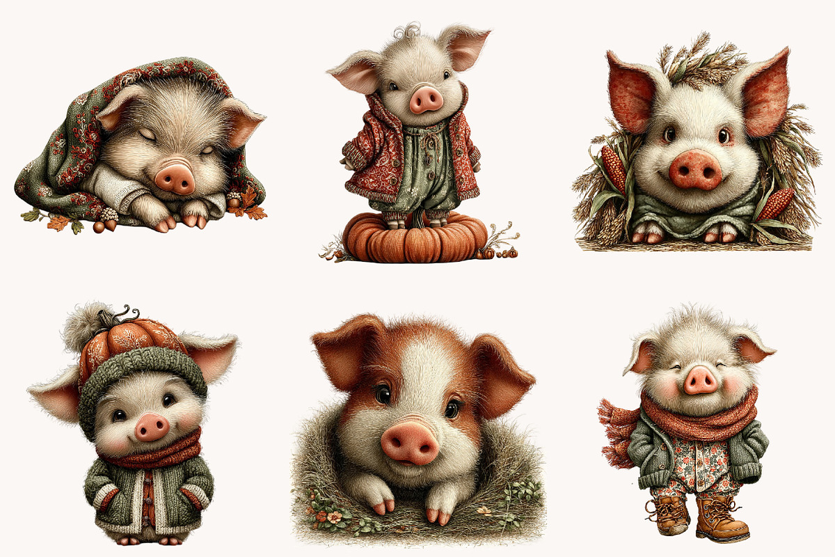 Whimsical Autumn pig Clipart, a Seasonal Illustration by Designworld (Photo 2 of 9)