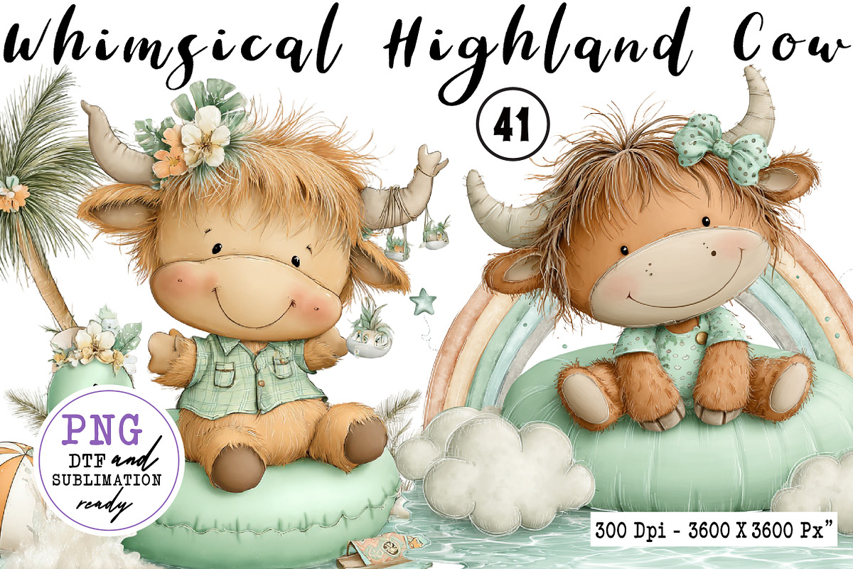 Whimsical Pool Day Highland Cow, an Animal Illustration by CreationArt (Photo 1 of 7)