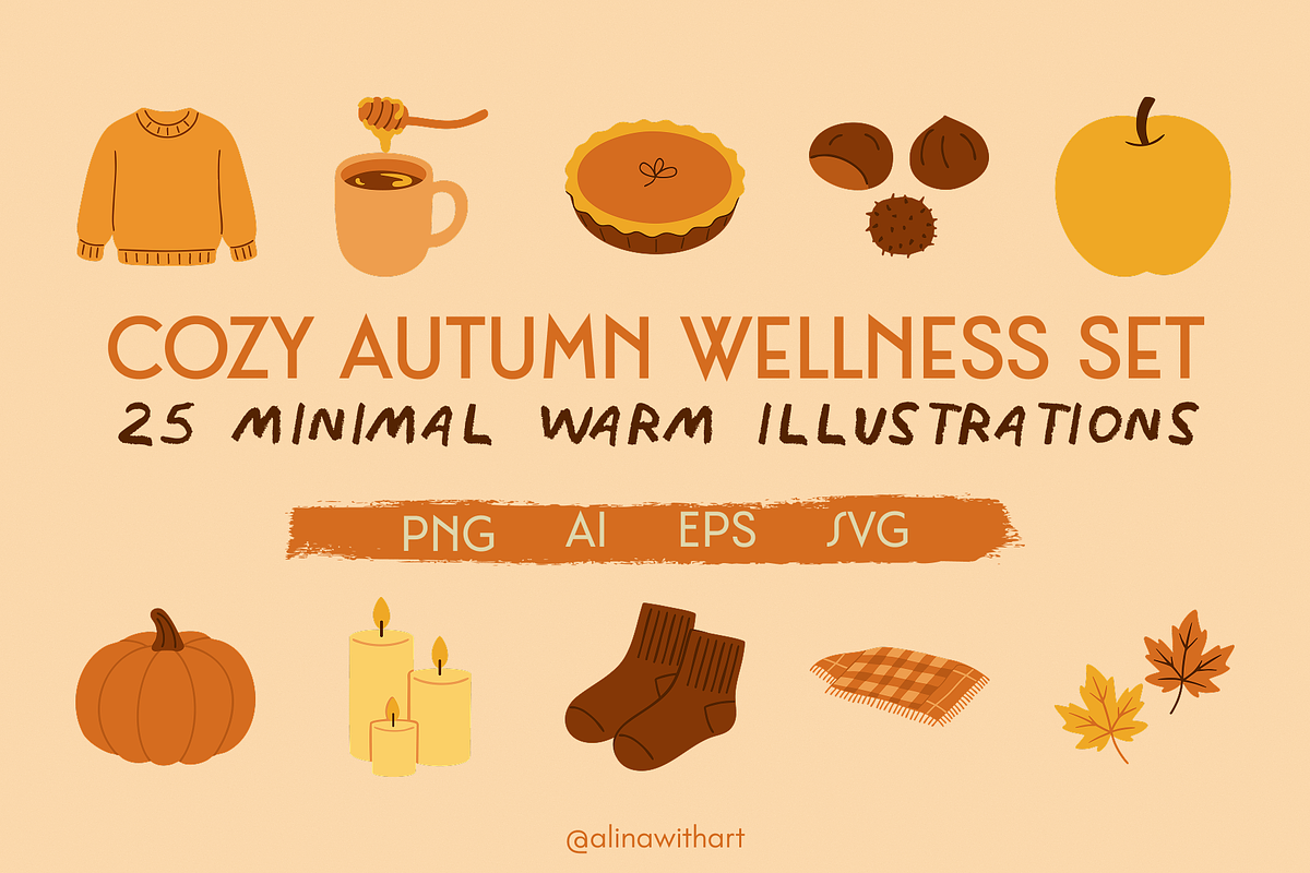 Cozy Autumn Wellness Set, a Seasonal Illustration by alinawithart (Photo 1 of 10)