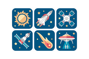 Space Icons Set, Sun, Meteorite