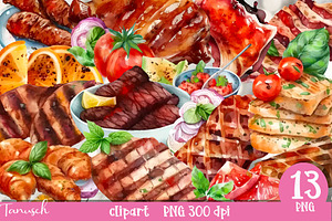 Watercolor BBQ meat & burger Clipart