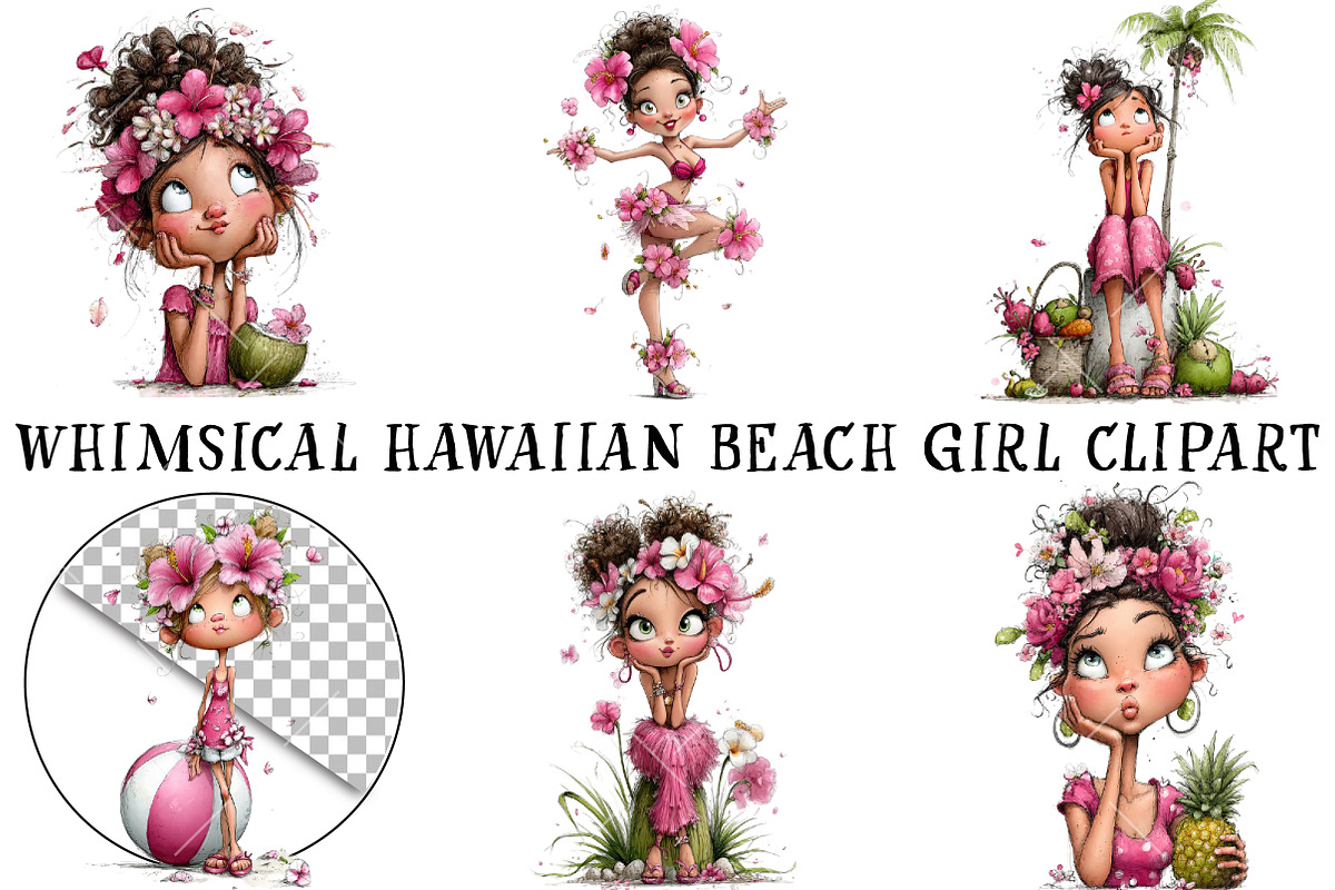 Whimsical Hawaiian Beach Girl Clipar, an Illustration by OK Design (Photo 2 of 3)