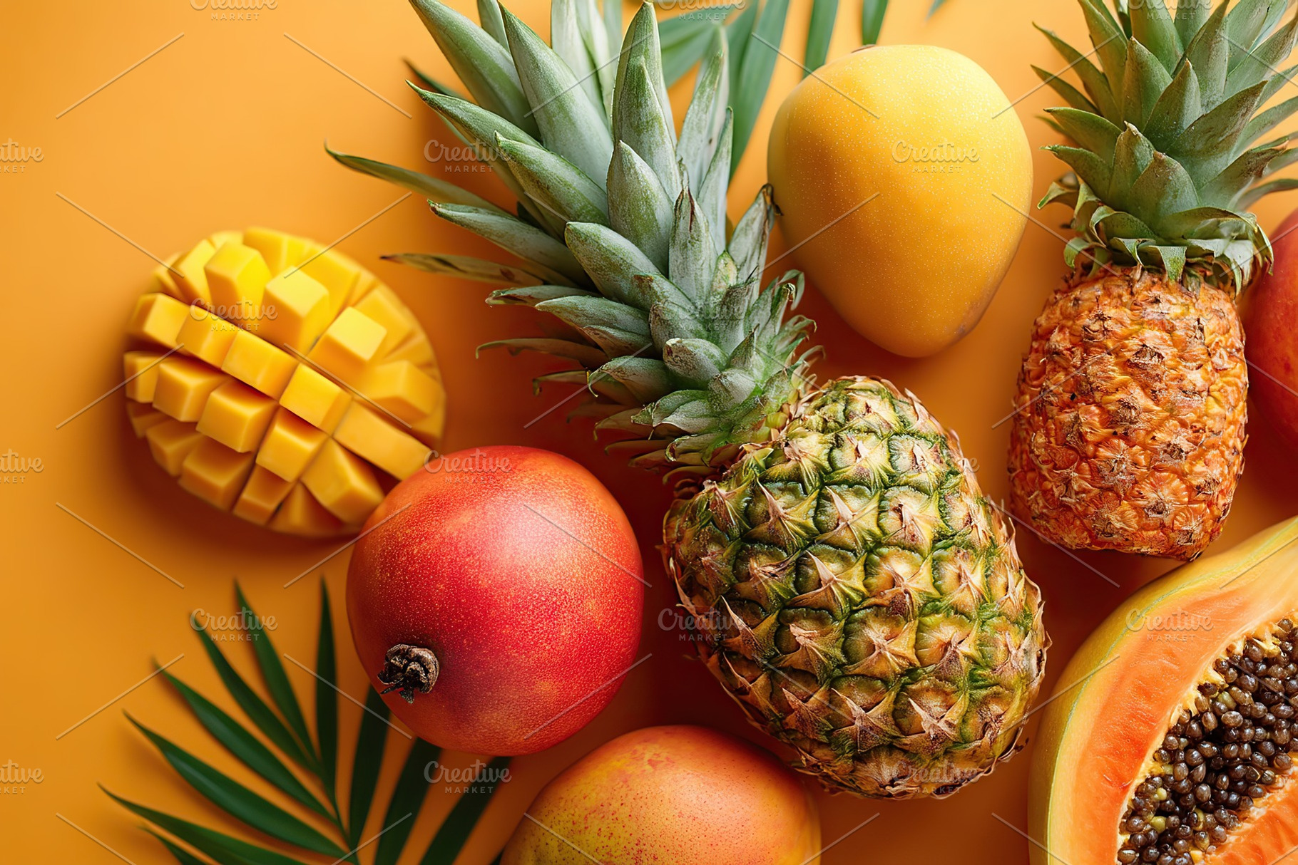 Ripe tropical fruits arranged on a bright orange background with green leaves, a Food & Drink Photo by AlyaAnd