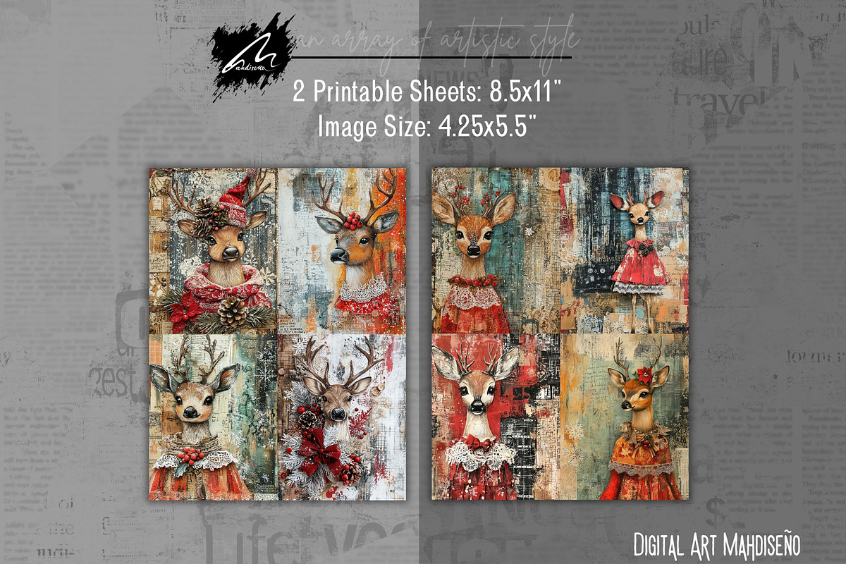 Cute Xmas Deer, Shabby Journal Pages, a Seasonal Illustration by Digital Art Mahdiseño (Photo 7 of 10)