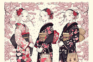 Three women wearing traditional kimonos with floral patterns among cherry bloss, an Illustration by AS photostudio