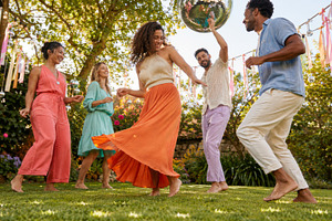 Garden disco party with people danci, a Photo by Dvoevnore photos