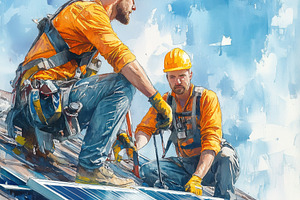 Two construction workers installing solar panels on a roof, wearing safety helm, a Technology Photo by Textures & Backgrounds