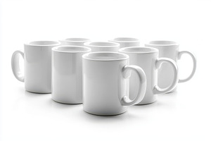 Six white mugs arranged on white bac, a Background Photo by Pixeness Studio