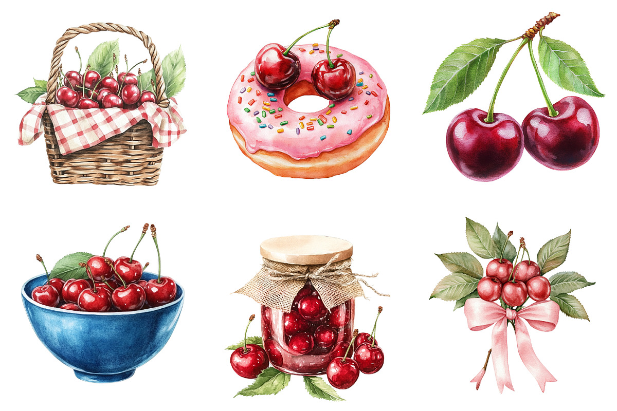 Watercolor Cherry Clipart, a Seasonal Illustration by CitraGraphics (Photo 5 of 8)