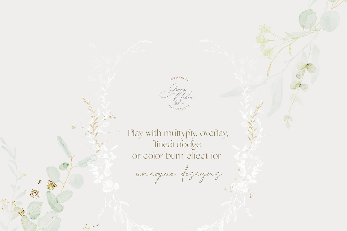 GREEN FOLIAGE - greenery & gold set, a Decorative Illustration by Grace Noboa Illustrations (Photo 5 of 10)