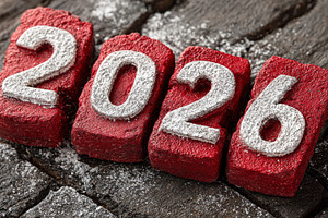 Red blocks forming 2026 text with powdered sugar on a rustic background, a Photo by AS photostudio