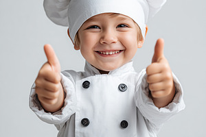 Happy smiling child dressed as chef, a Food & Drink Photo by MistyDay