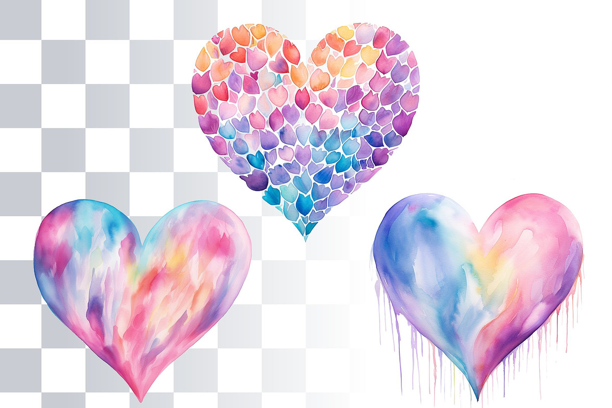 Pastel Hearts Watercolor Clipart PNG, a Decorative Illustration by Loony Dream Designs (Photo 3 of 4)