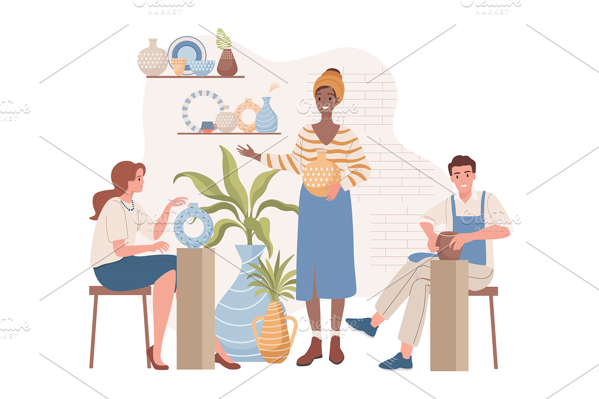 Woman teaching people on pottery, a Decorative Illustration by Pavlo Plakhotia's Shop