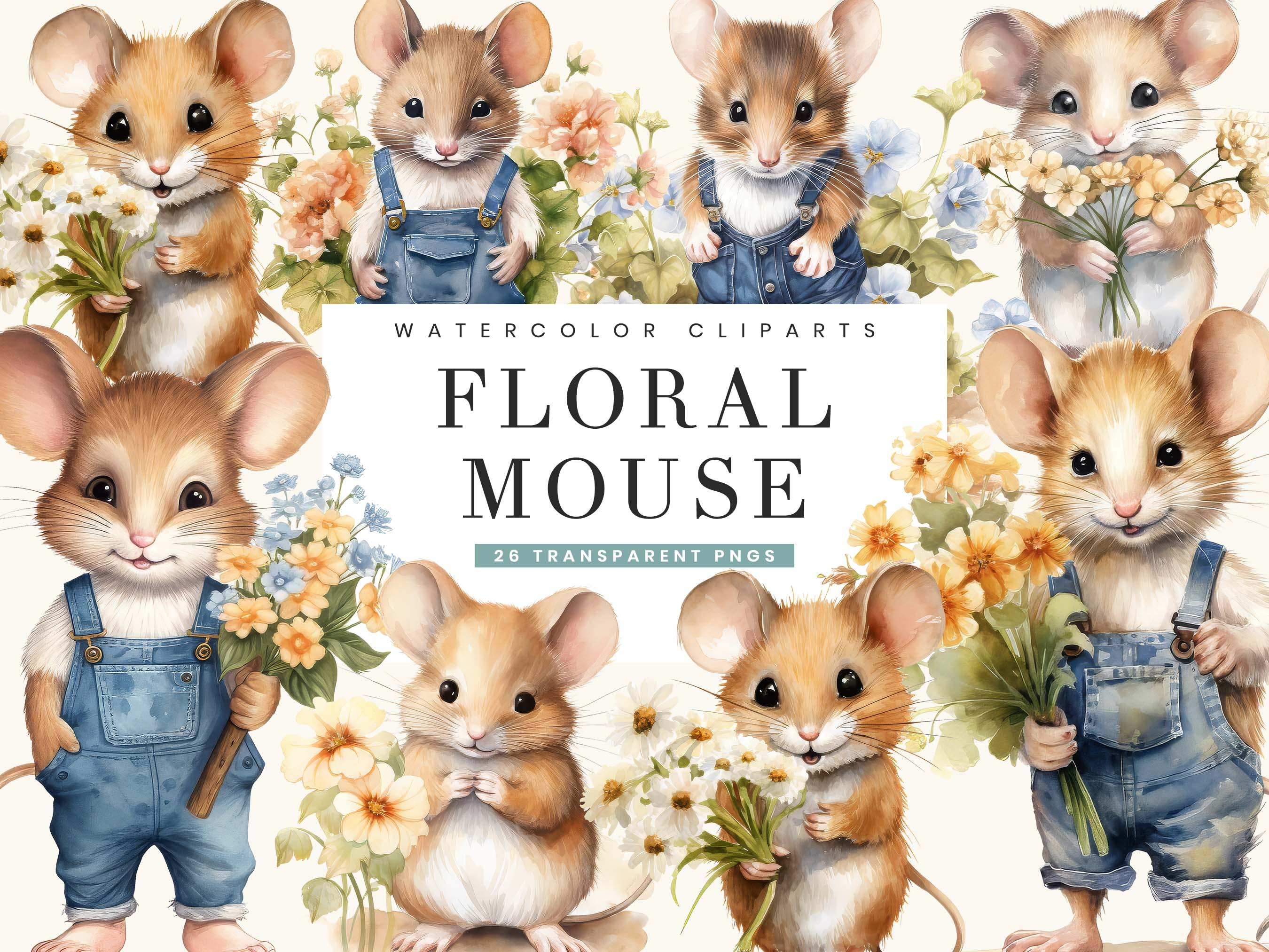 Mouse with Flowers Clipart Bundle, an Animal Illustration by BusyDaydesign