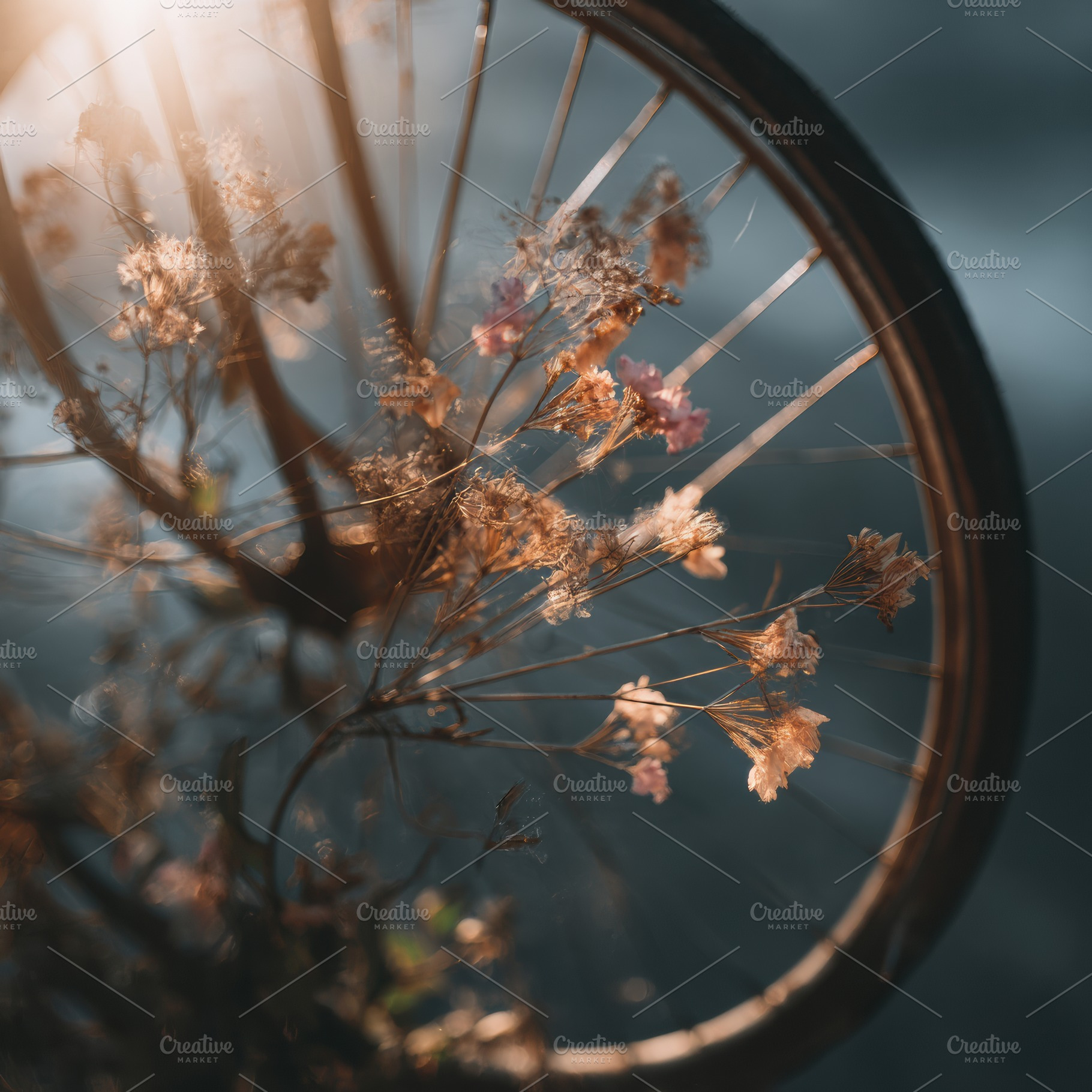 Bike wheel with dried flowers, a Wallpaper Photo by Virgo Studio