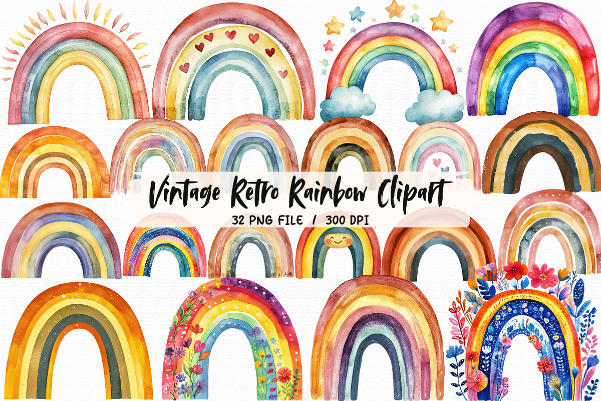 Vintage Retro Rainbow Clipart, an Illustration by Libby Wishes (Photo 1 of 7)