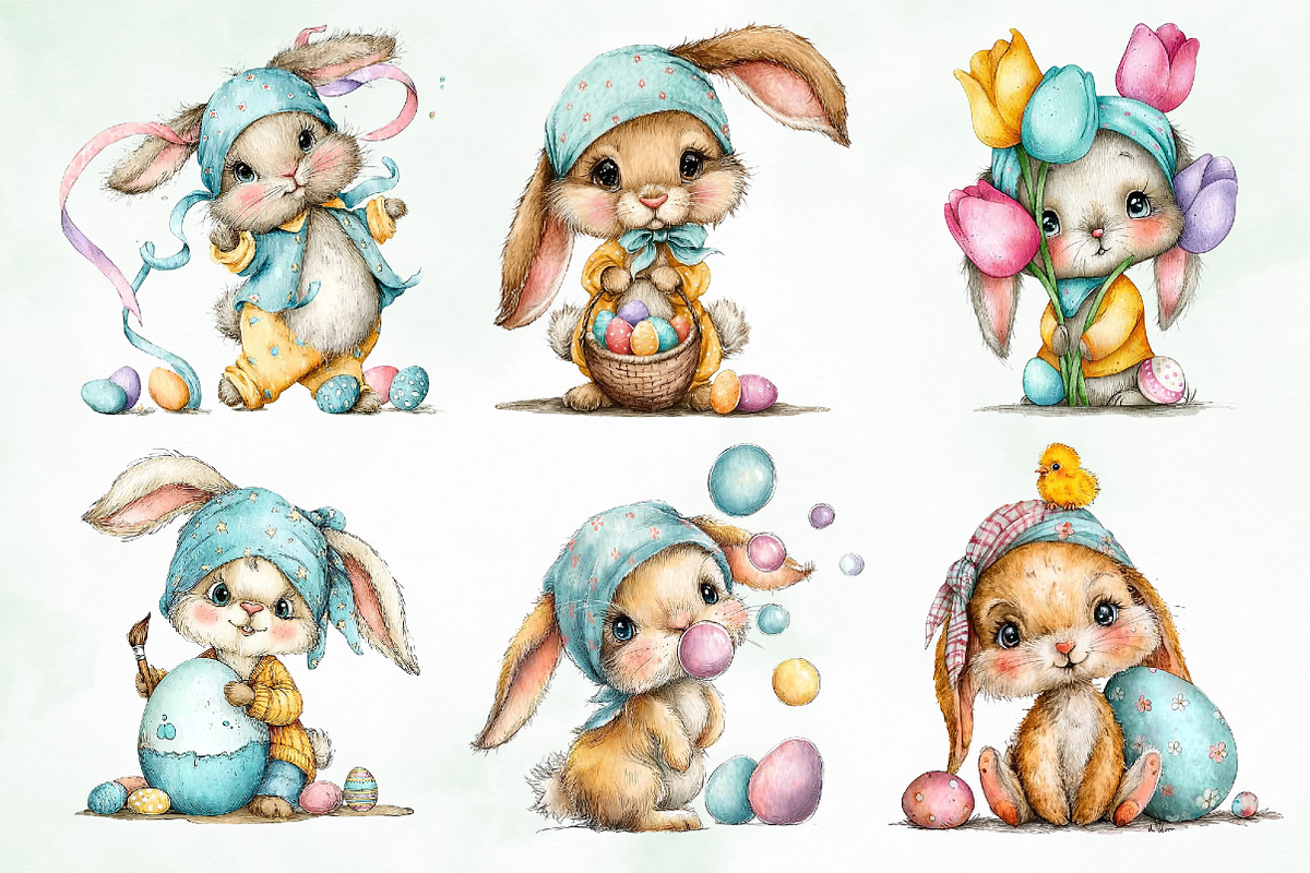 Whimsical Easter Cute Bunny Clipart, an Illustration by Creative Art (Photo 2 of 8)
