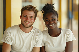 Couple enjoys a joyful moment together while sitting in casual t-shirts, a Person Photo by AlyaAnd