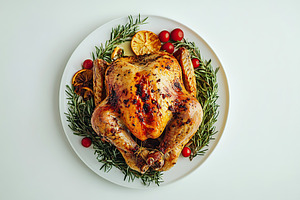 Tasty roasted turkey in plate on white background. Thanksgiving day, a Photo by AlyaAnd