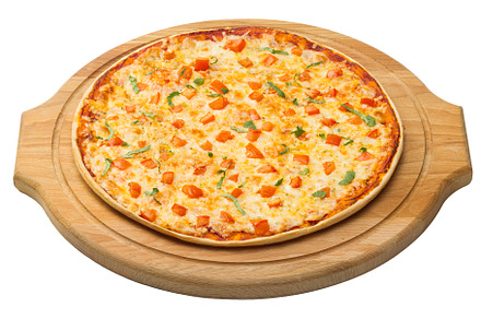 Pizza margherita on a wooden tray featuring food, pizza, and cheese, a Food & Drink Photo by oleghz