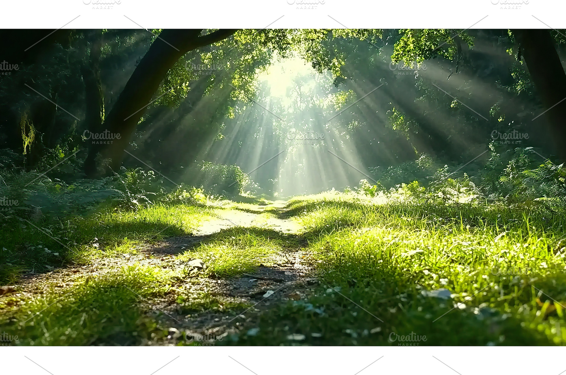 Sunlit forest path with lush green, a Beauty & Fashion Photo by Lermont51