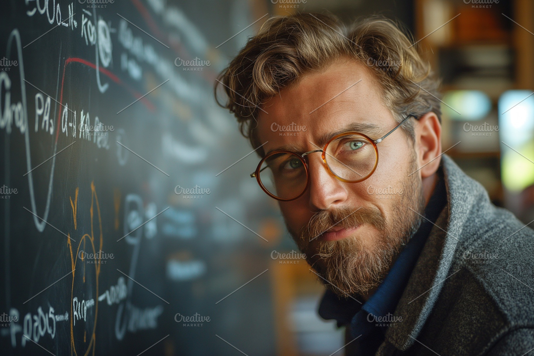 Thoughtful Caucasian man with glasses and a beard, reflecting on ideas in a cre, a Person Photo by ImageMir
