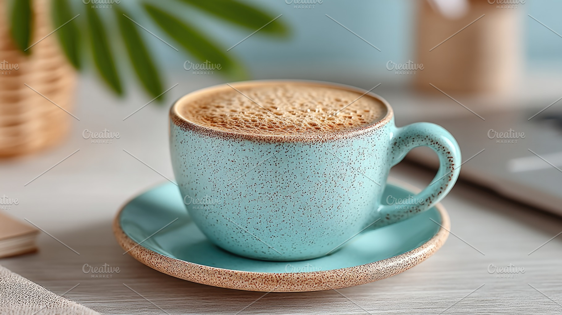 Turquoise Coffee Cup with Frothy Cappuccino on Desk in Modern Ho, a Food & Drink Photo by José Manuel Gelpi