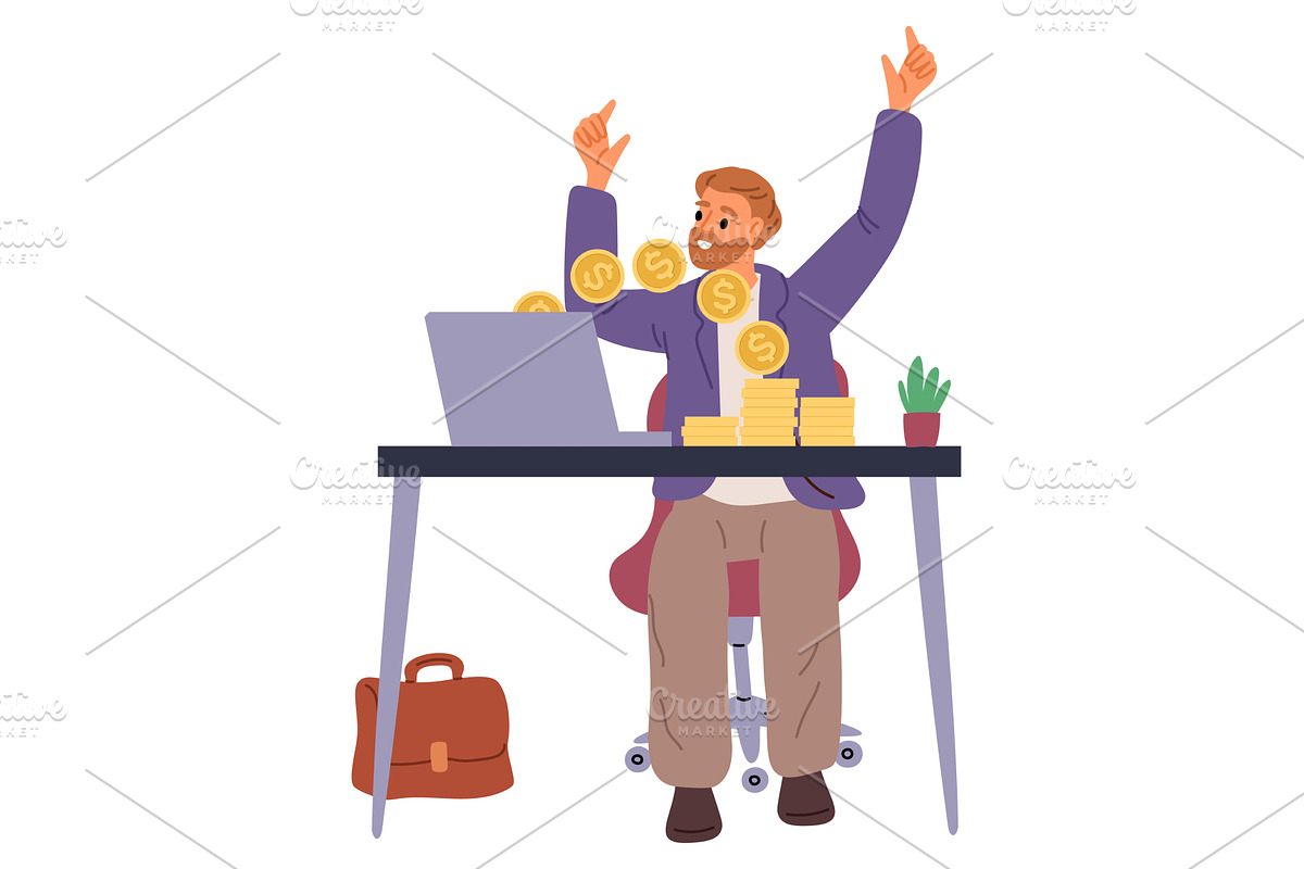 Man rejoices over money he has, a Finance Illustration by Vectorbuum