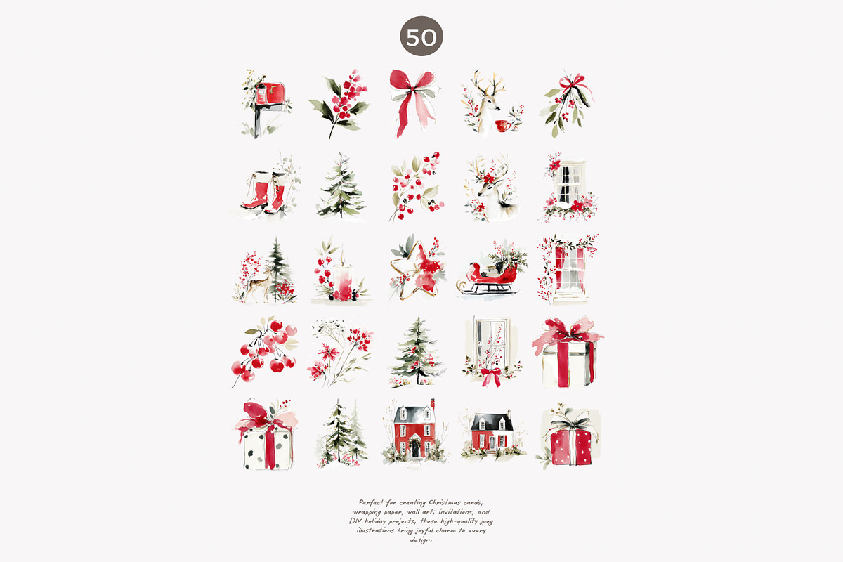 Festive red Christmas watercolor set, a Decorative Illustration by Patishop Art (Photo 8 of 9)