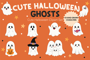 Cute Halloween Ghost Clipart Set, a Seasonal Illustration by OREHOVKA