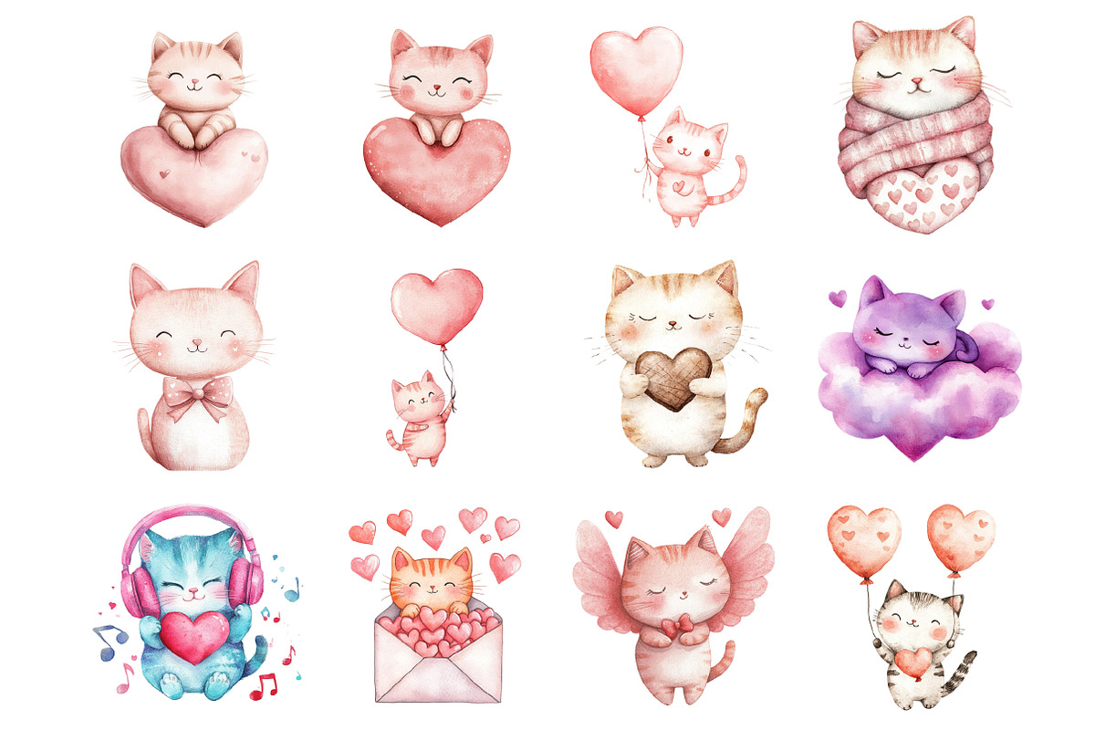 Valentine's Day Kawaii Cats Clipart, an Illustration by Design Market (Photo 2 of 3)