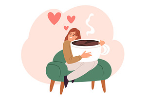 Happy girl hugs large cup of coffee, a Food Illustration by Vectorbuum