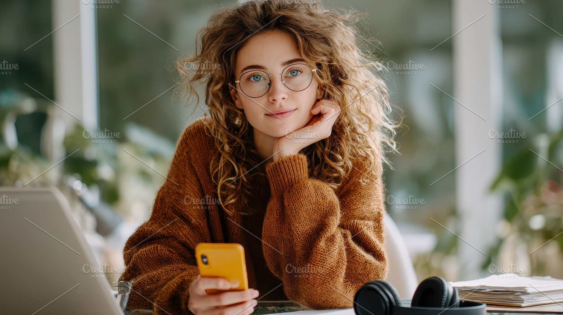 Young woman with curly hair glasses, a Photo by Pixeness Studio