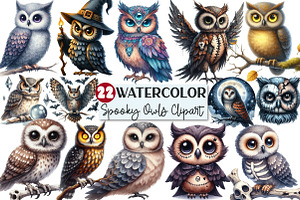 Watercolor Spooky Owls Clipart, an Illustration by Rose Art