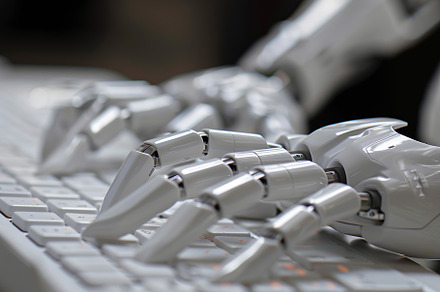 Robot hand types on keyboard, a Technology Photo by AlyaAnd