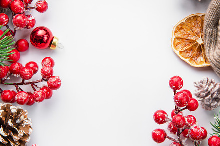 Christmas background with fir tree and decor. Top view with copy, a Holiday Photo by Olena Rudo