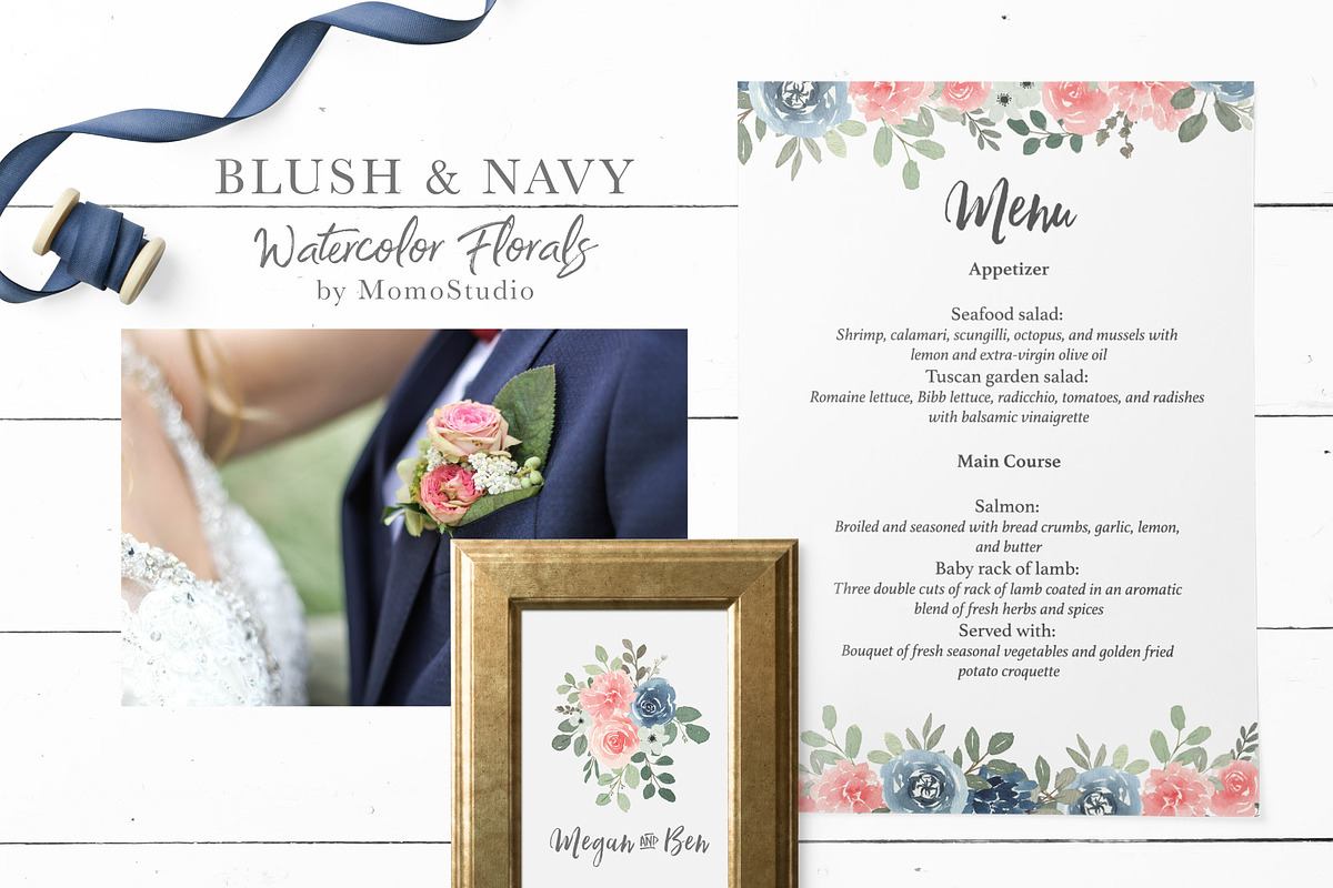 Blush and Navy Watercolor Florals, a Work Illustration by Momo Studio (Photo 9 of 12)