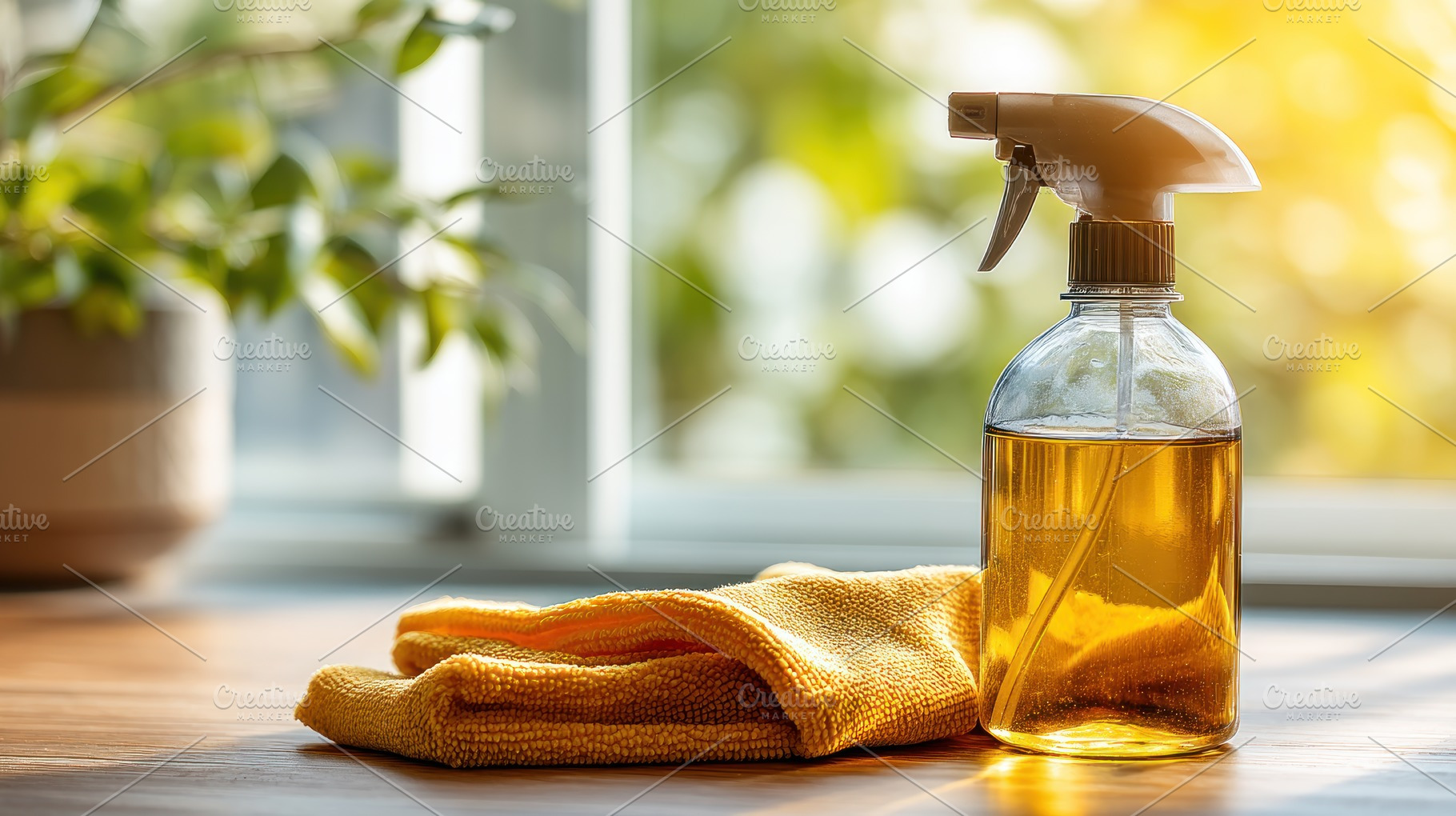 Glass spray bottle with natural cleaning solution and yellow mic, a Beauty & Fashion Photo by José Manuel Gelpi