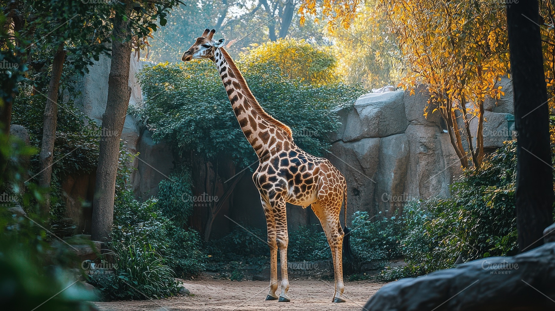 Majestic giraffe standing tall amids, an Animal Photo by Pixeness Studio