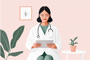 Female Asian doctor in a white coat, a Healthcare Illustration by Sergey Kotenev