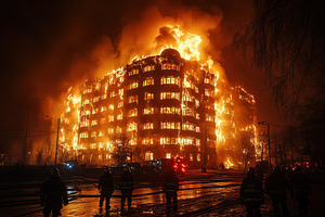 Massive flames engulf a multi-story, a Photo by Tanuart