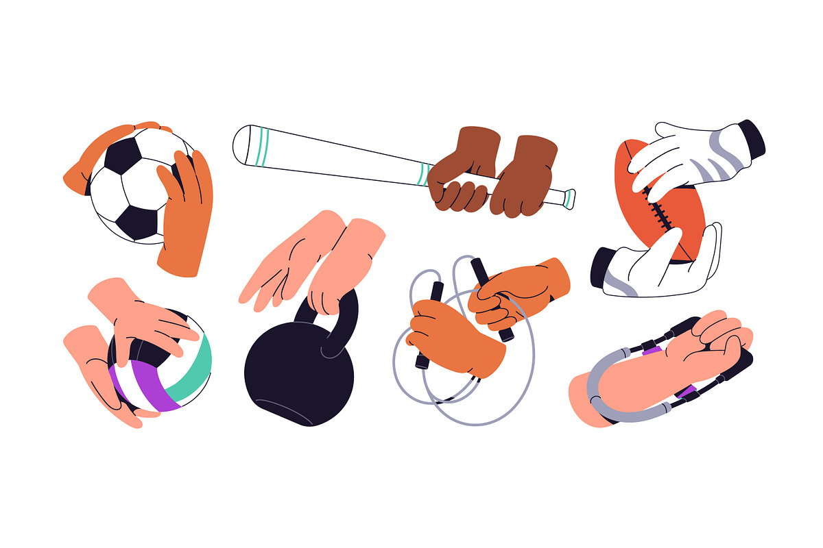 Hands holding sports equipment set, a Sport Illustration by PaperTrident (Photo 3 of 7)