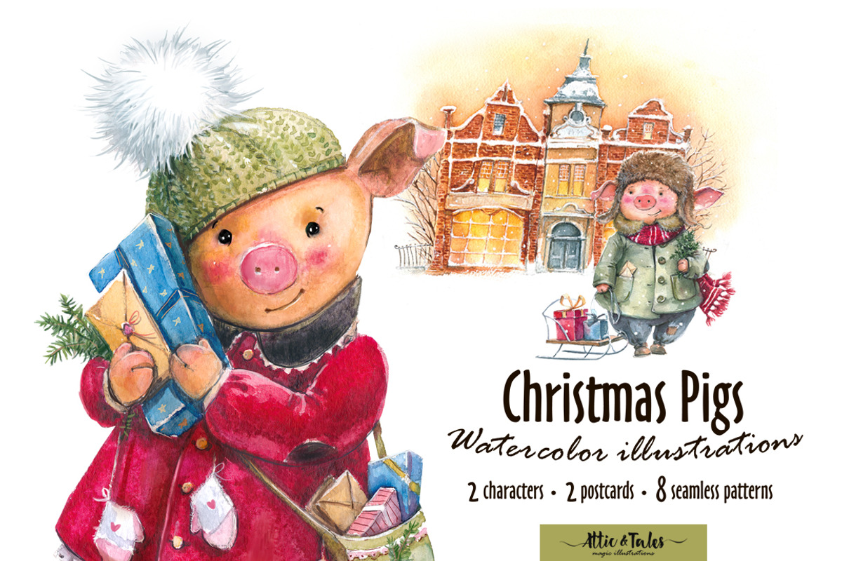 Watercolor Cute Christmas Pigs, a Graphic by atticandtales (Photo 1 of 6)