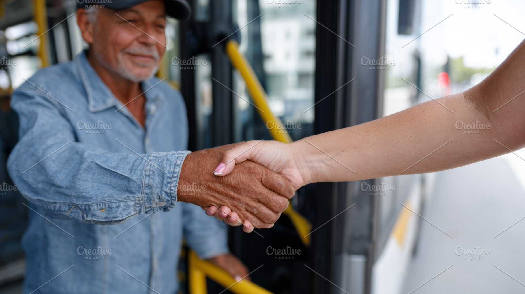 An older Hispanic man shakes hands with a woman outside a bus, showcasing a mom, a Business Photo by ImageMir